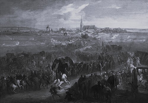 The funeral of Marie Thérèse, Queen of France, August 10, 1683. When she died, Louis XIV said it was the first trouble she had ever given him. She had said she'd had only one happy day.