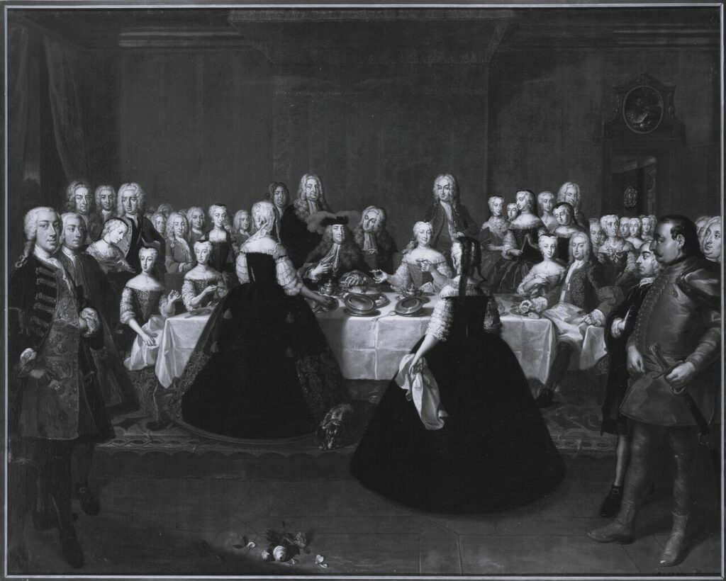 A Grand Couvert at the Vienna court, by Johan Lundberg. European monarchs dined in public while courtiers stood and watched in silence. The food arrived cold. Protocol required no one mention it.