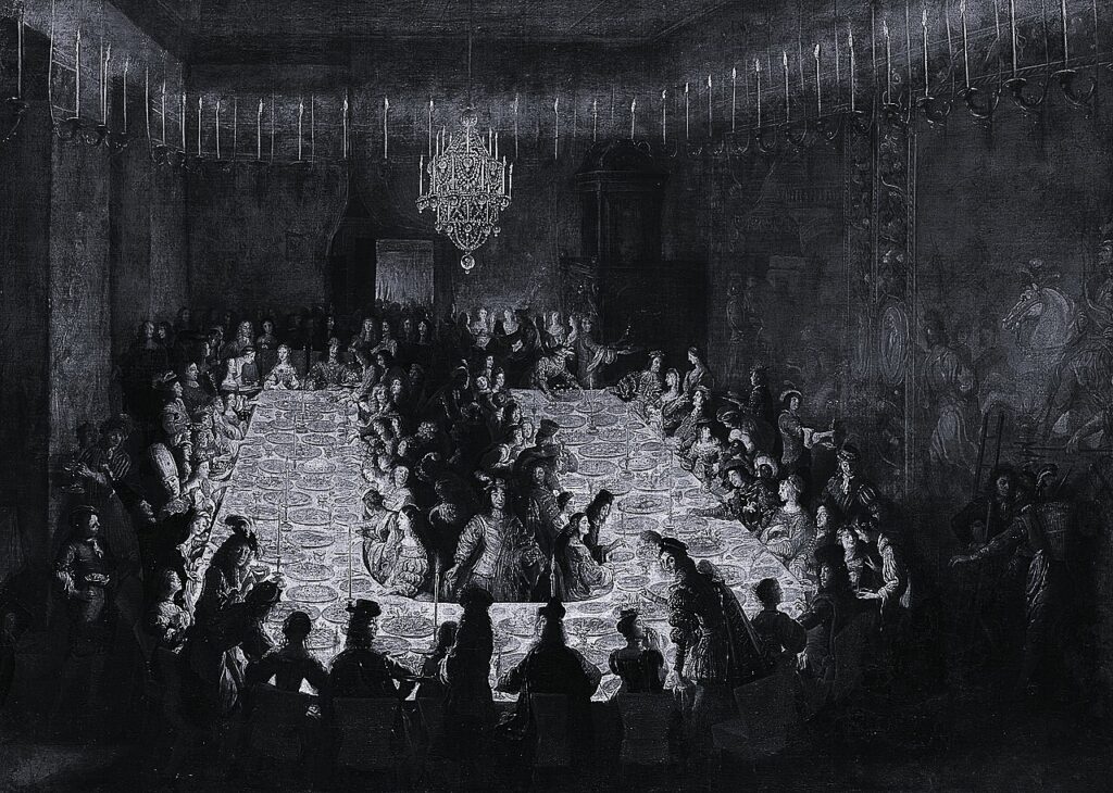 Court banquet, Leopold I's Vienna, attr. Jan Thomas van Ieperen. No guest could speak to the Emperor unless he spoke first. Margarita Teresa sat at this table while still learning his language.