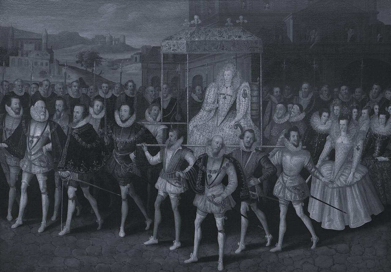 Public Domain Queen Elizabeth I carried in royal procession, attributed to Robert Peake the Elder, c. 1600. She died within three years of this painting's completion.