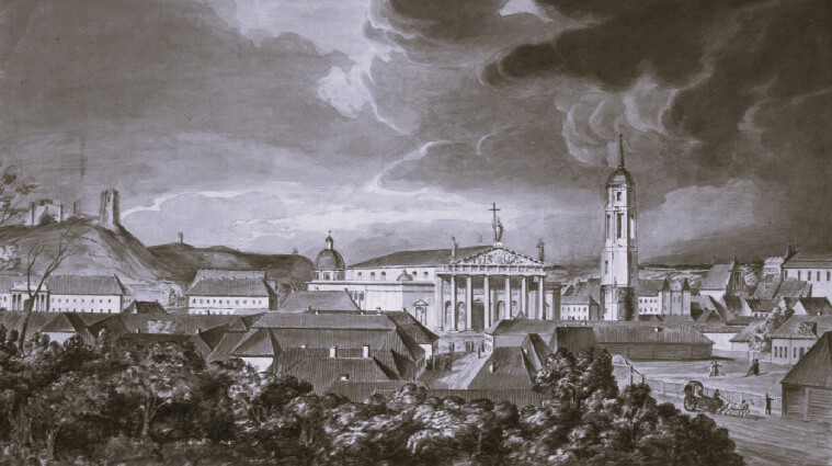 Public Domain Vilnius, engraved by Jan Peszko. Vilnius Cathedral, visible at center, is where Elizabeth of Austria was buried on July 24, 1545, aged eighteen.