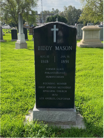 Public Domain Biddy Mason's headstone at Evergreen Cemetery, Los Angeles, erected in 1988. Her grave went unmarked for nearly 100 years despite her $300,000 fortune and city-shaping philanthropy.