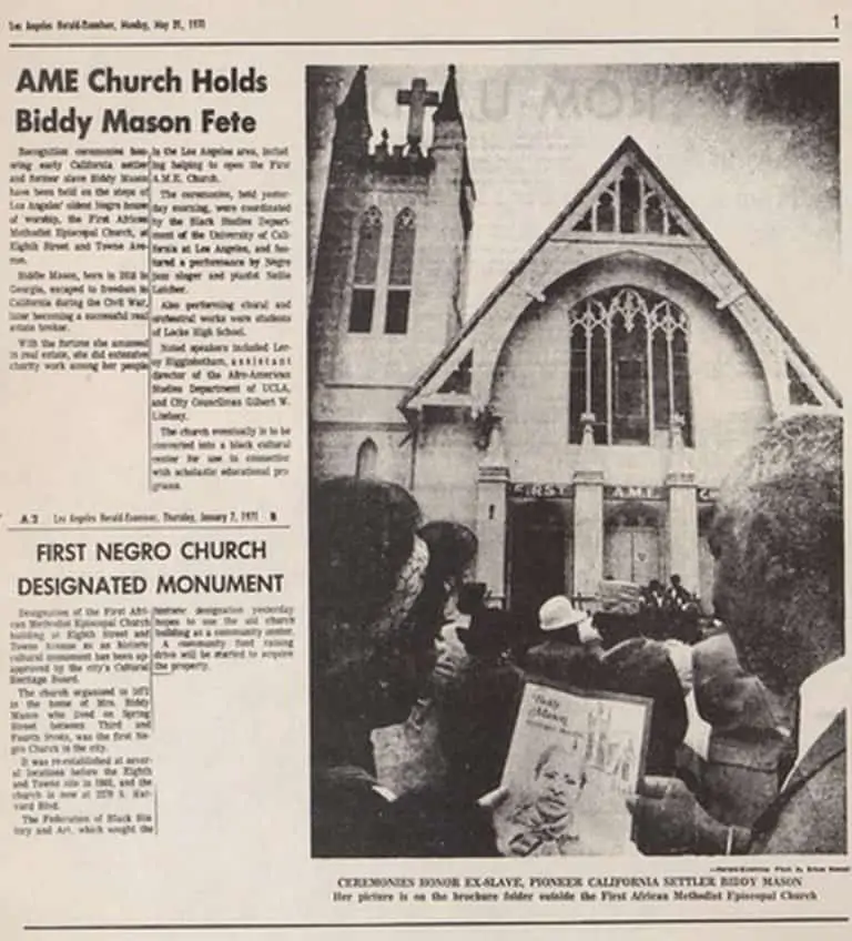 Los Angeles Herald-Examiner, May 31, 1971 Coverage of Biddy Mason recognition ceremonies at First A.M.E. Church, Los Angeles — held more than 80 years after her death in 1891.