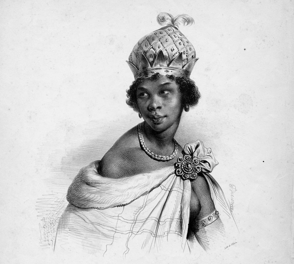 Public Domain Achille Devéria's 1830 lithograph of Njinga Mbande, drawn in Paris 167 years after her death. No likeness of the queen made from life is known to survive.