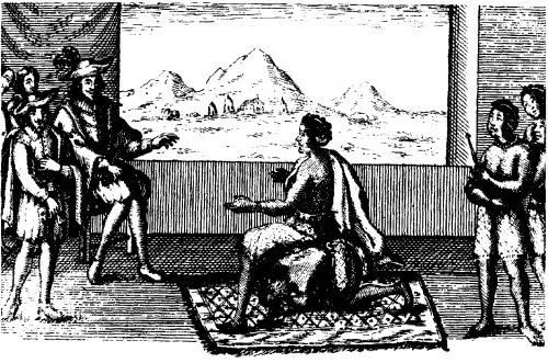 Public Domain An 18th-century engraving of the 1622 Luanda talks, where Njinga Mbande sat on a kneeling attendant to face the Portuguese governor at eye level rather than take a floor mat.