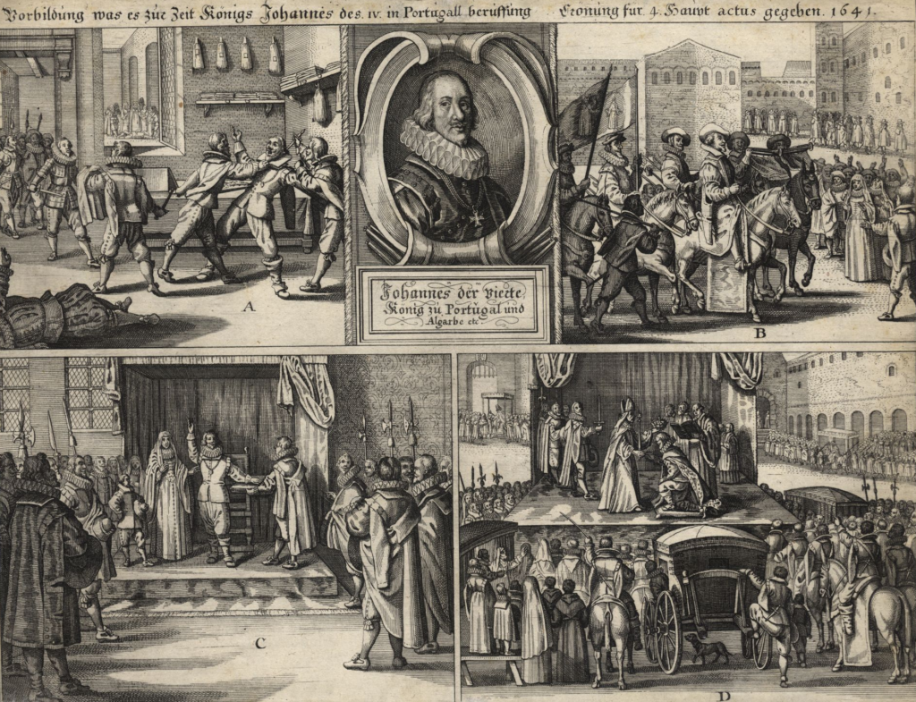 Public Domain A German broadsheet of 1641 depicting the accession of João IV of Portugal. The war that followed drained Lisbon and helped push Portugal toward peace with Njinga in 1656.