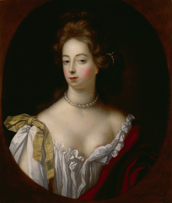Public Domain Nell Gwyn, dressed in court fashion she was never raised to expect. She couldn't read or write her own name. (167 characters)