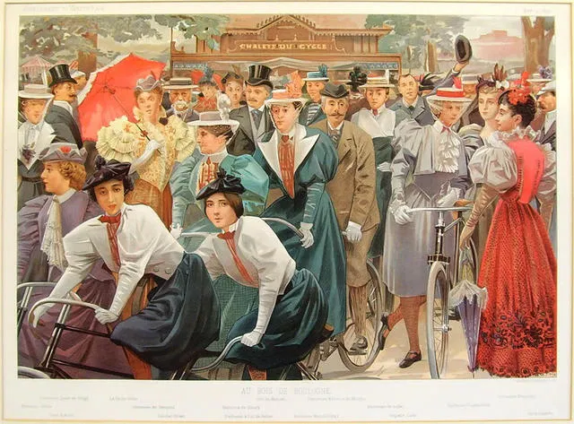 A 1897 Vanity Fair print of Belle Époque society cycling in the Bois de Boulogne, Paris — including Carolina Otero and her rival, Liane de Pougy.