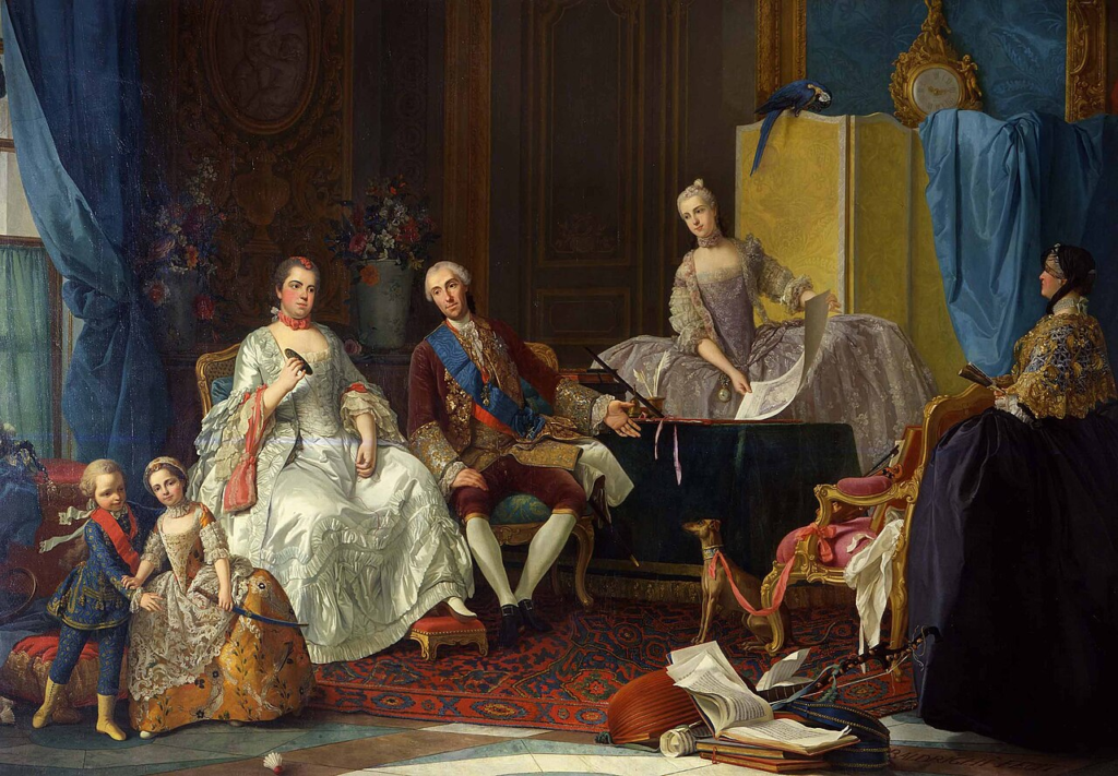 Giuseppe Baldrighi's 1757 portrait of the Parma ducal family shows a young Maria Luisa at far left, years before scandal and a crown would define her. Galleria Nazionale di Parma.