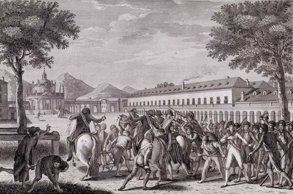 A period engraving of the Mutiny of Aranjuez, March 1808 — the revolt that toppled Godoy and forced Charles IV's abdication. Aranjuez sits just 30 miles south of Madrid.