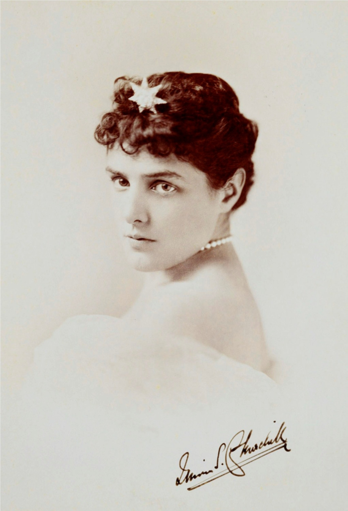Jennie Churchill, society hostess and mother of Winston Churchill, in a formal studio portrait. She was named after singer Jenny Lind, a favorite of her father's.