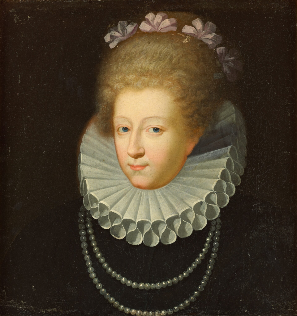 Gabrielle d'Estrées wears a lace ruff and pearl necklace in this portrait, painted in the years she was rising toward the French throne.