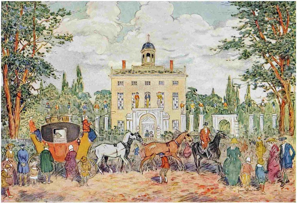An artist's depiction of Timothy Dexter's High Street mansion in Newburyport, lined with painted wooden statues of the famous built by a man desperate to impress the neighbors who mocked him.