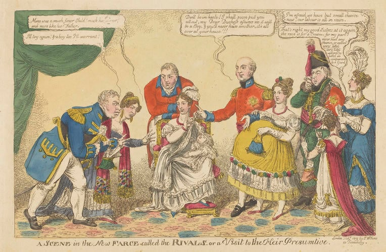 Royal Collection Trust | Charles Williams, 1819. George III's children jostle to claim their infant will be the next heir, mocking the royal family's frantic race to secure the succession.