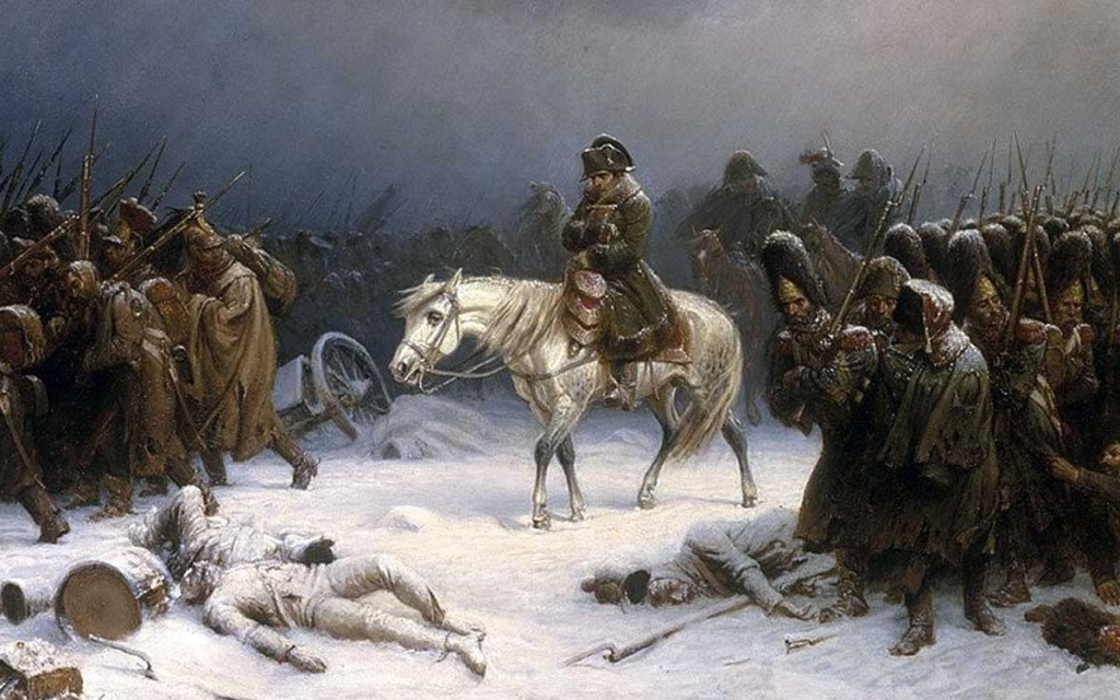 Public Domain / Adolph Northen. Napoleon leads his broken army out of Russia, winter 1812. More than 400,000 French soldiers died on the campaign. The Duchy of Warsaw fell with them.