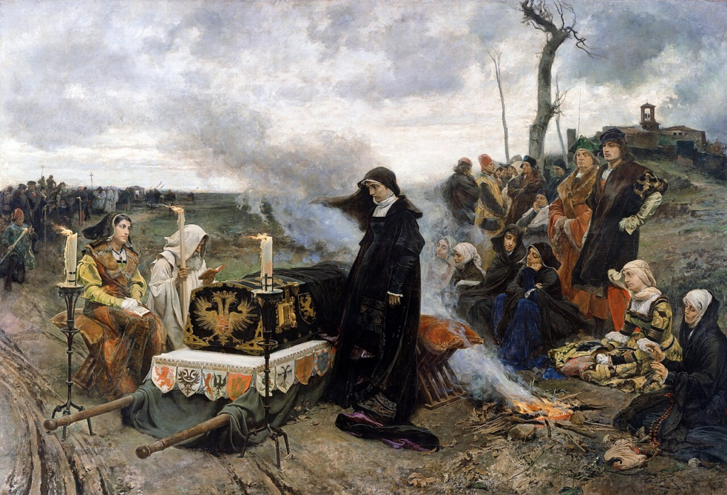 Francisco Pradilla y Ortiz, 1877. Juana stands vigil over Philip's coffin during the eight-month journey south to Granada, the scene later used as proof of her madness.