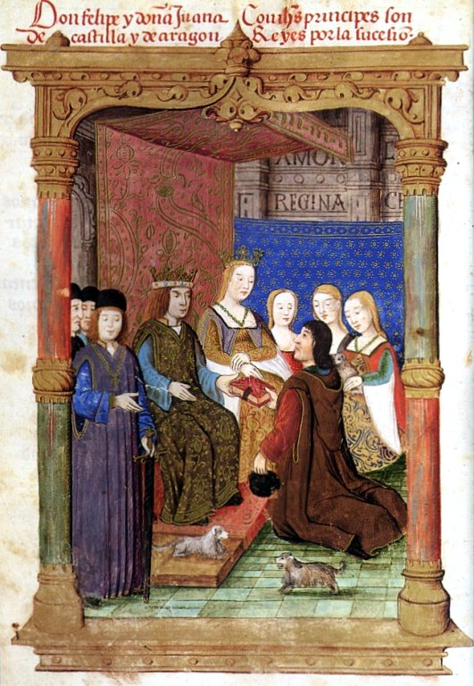 15th-century manuscript. The inscription names Philip and Juana as joint heirs to Castile and Aragon. He would spend their marriage undermining the very crown it promised her.