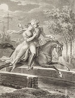 An illustration from "Lenore," an 1773 German ballad by Gottfried August Bürger, depicting Lenore riding through the night with the ghost of her dead lover.