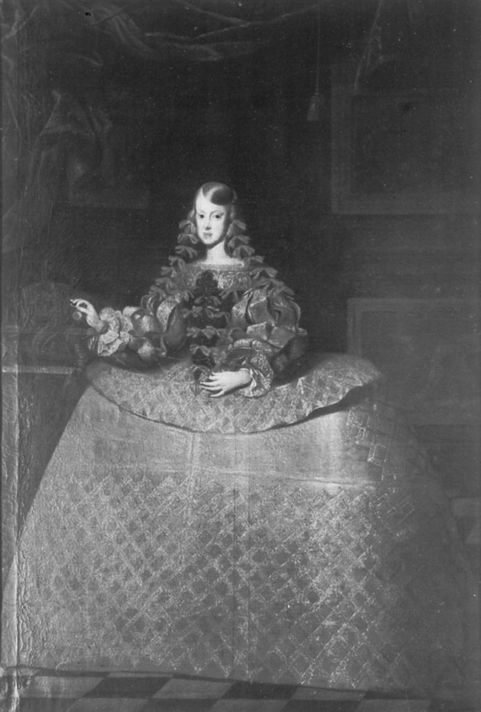 Infanta Margarita Teresa, c. 1653-1654, by Velázquez. Painted before she could walk steadily. Already dispatched to Vienna as evidence for the emperor who was waiting to marry her.