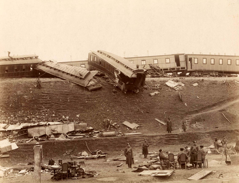 Wreckage of the Borki train disaster, 1888. The imperial family survived; Alexander III did not. The kidney disease that killed him six years later began here.