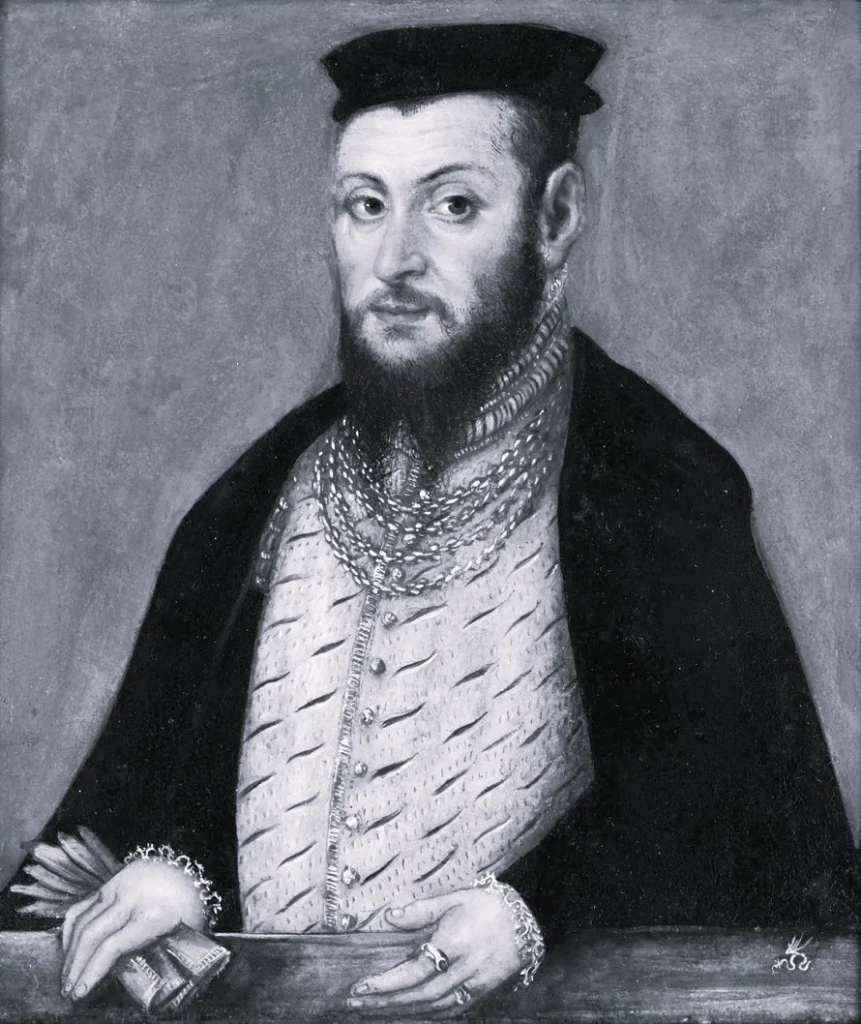 Public Domain Sigismund II Augustus, by Lucas Cranach the Younger. He married three times, including two Habsburg sisters, and died without an heir — ending the Jagiellonian dynasty.