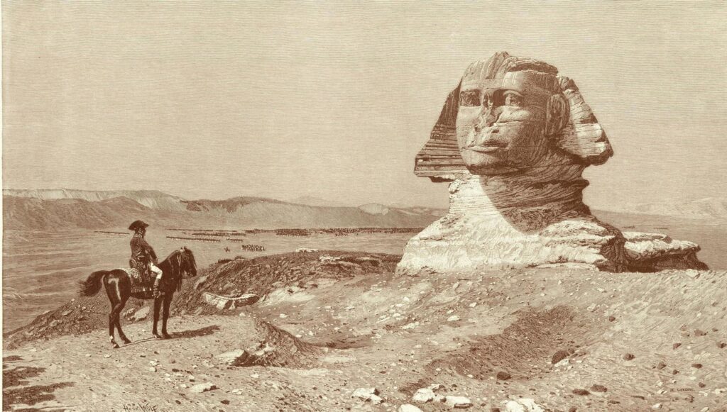 Engraving after Jean-Léon Gérôme, engraved by Henri Wolf. Napoleon surveys the Sphinx during the Egyptian campaign of 1798. He organized trips to the Pyramids for his officers and for Pauline, who rode alongside him. He left Egypt in August 1799 without telling her he was going.