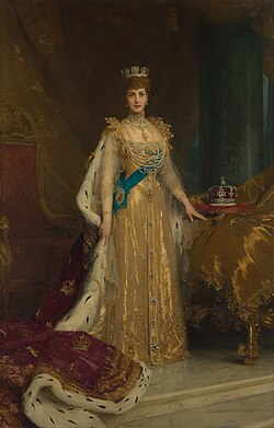 Luke Fildes's official coronation portrait of Queen Alexandra, painted in 1905. She held the title of Queen Consort but was largely shut out of political power throughout her reign.