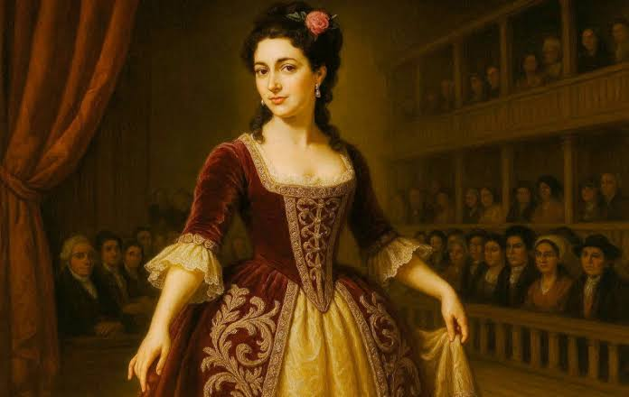 An artistic illustration of La Perricholi performing on the Lima stage, where she captivated audiences from age 14 until her retirement in the late 1780s.