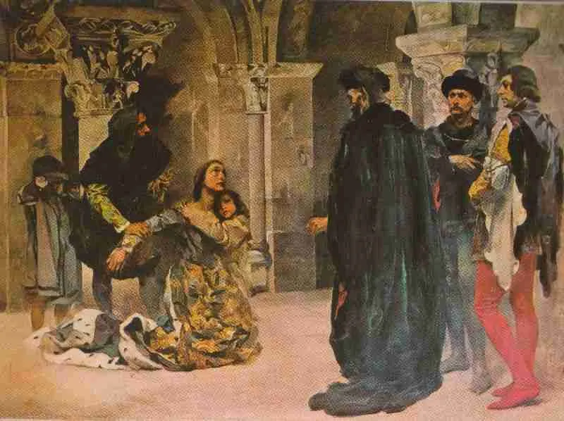 A 19th-century painting believed to show Inês de Castro pleading for her life, her child at her side, before the men sent by the King of Portugal to kill her.