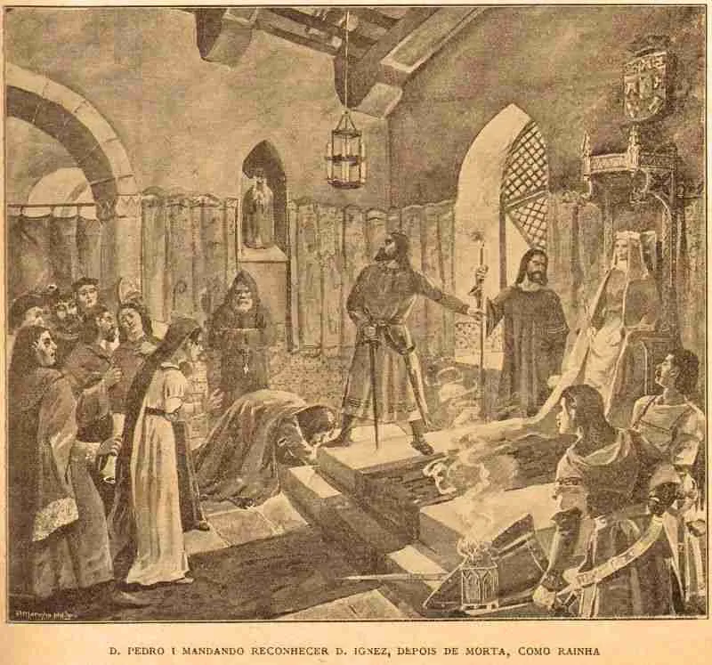 A Portuguese illustration showing King Pedro I commanding his court to recognize Inês de Castro as Queen of Portugal after her death.