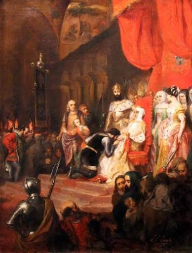 A painting believed to depict the legendary scene in which King Pedro I commanded his court to bow before the corpse of Inês de Castro and crown her Queen of Portugal.