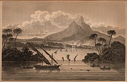 An engraving from MacGregor's own guidebook, claiming to show the port of Poyais. The prosperous harbour it depicted did not exist.
