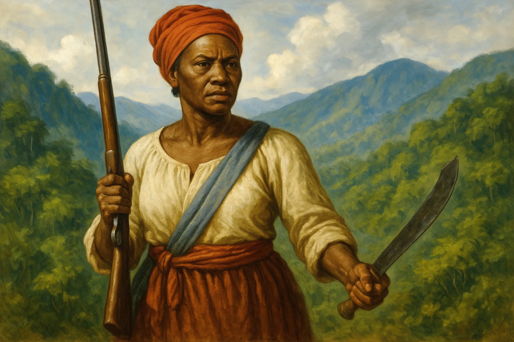 A painting of Nanny of the Maroons, the legendary Jamaican freedom fighter who led her people against British colonial rule in the early 1700s.