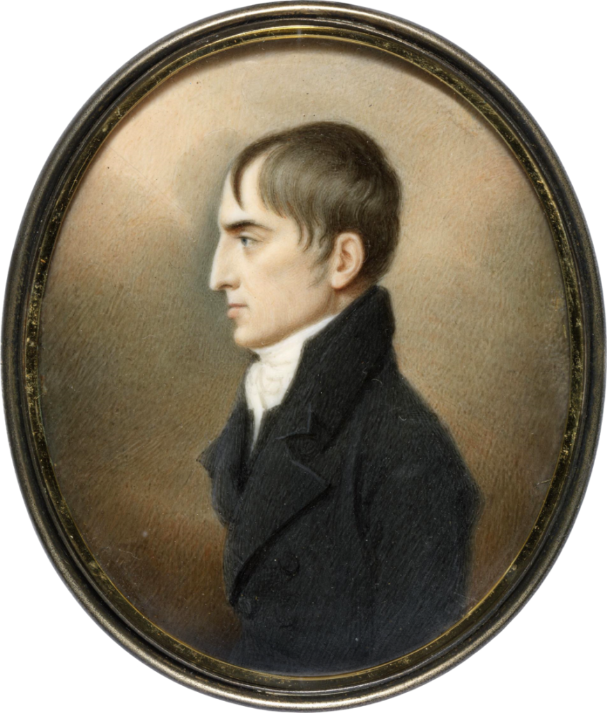 A watercolour miniature believed to depict Robert Emmet, painted during his trial in September 1803, weeks before he was hanged and beheaded at age 25.