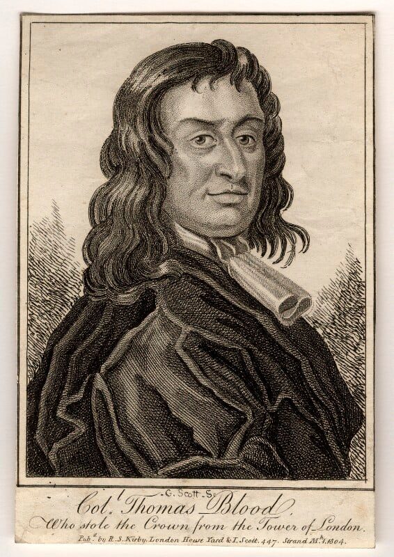 An 1804 engraving of Colonel Thomas Blood, who attempted to steal the Crown Jewels from the Tower of London in 1671 and was pardoned by King Charles II.