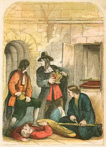 A 19th-century engraving showing Thomas Blood stealing the Imperial State Crown from the Tower of London in 1671, with jewel keeper Talbot Edwards unconscious on the floor.