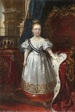 Isabella II as a child queen, dressed in royal robes and crown, around the time she inherited the Spanish throne at the age of two.