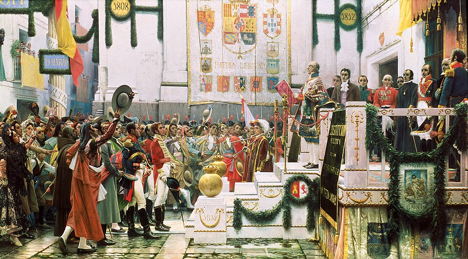 A scene from Spain's era of constitutional upheaval, the period of political turmoil that defined the country Isabella II inherited and ultimately failed to hold together. Painter to be confirmed.