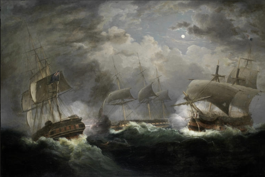 Painting believed to show HMS Indefatigable and HMS Amazon battling the French ship Les Droits de L'Homme through a night storm off Brittany, 13 January 1797.