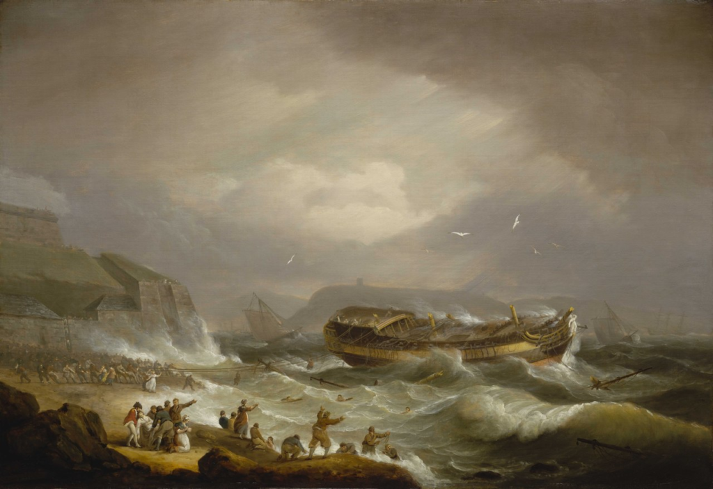 Thomas Luny's 1796 painting of the Dutton breaking apart at Plymouth, the wreck where 16-year-old Coghlan jumped into the surf and saved approximately 50 lives.