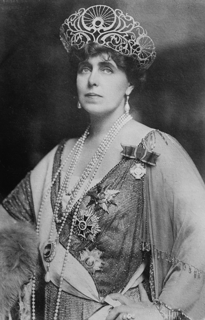 Queen Marie of Romania, believed to depict the queen in full royal regalia and pearls, the image she carefully cultivated to represent her country on the world stage.