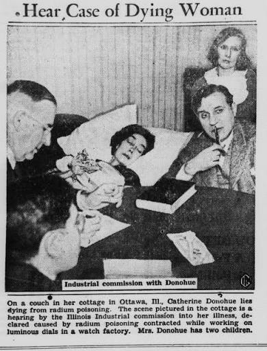 Catherine Donohue gives testimony from her deathbed in Ottawa, Illinois, 1938. She was too ill to reach a courtroom. She won her case and died shortly after.