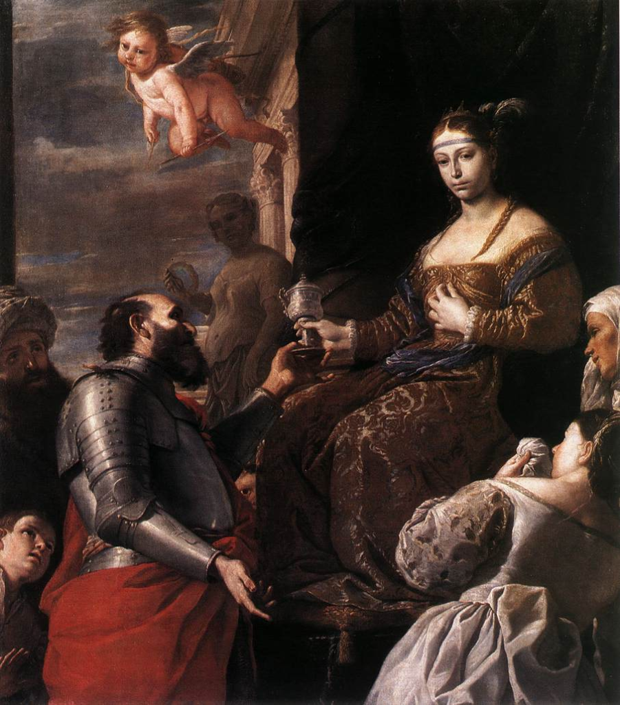 A 17th-century Baroque painting shows the moment Masinissa kneels before Sophonisba and delivers the cup of poison she chose over Roman captivity in 203 BC.