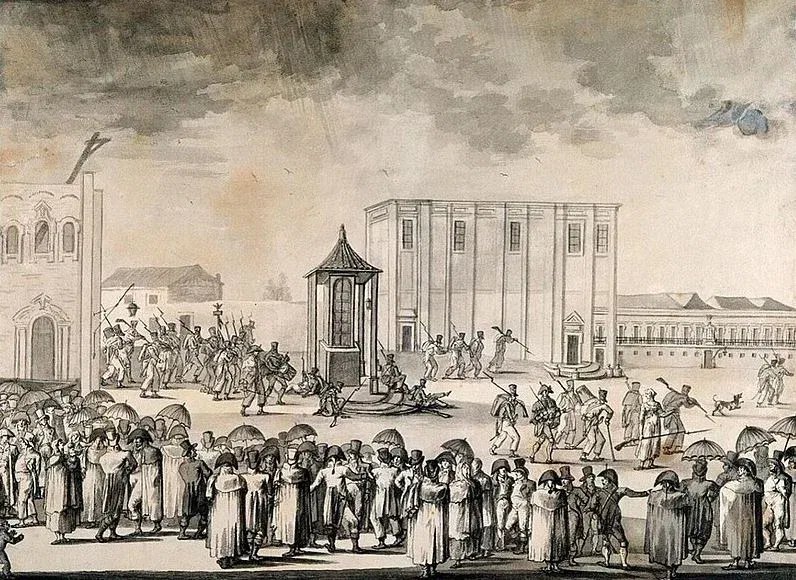 A period illustration believed to show the chaos in Lisbon during the 1807 French and Spanish invasion, which forced Maria I and the Portuguese royal court to flee to Brazil.
