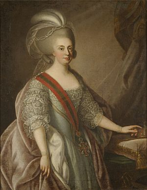 Queen Maria I of Portugal in a formal state portrait from her reign. She became Portugal's first queen regnant in 1777 and governed effectively before her mental collapse in the late 1780s.