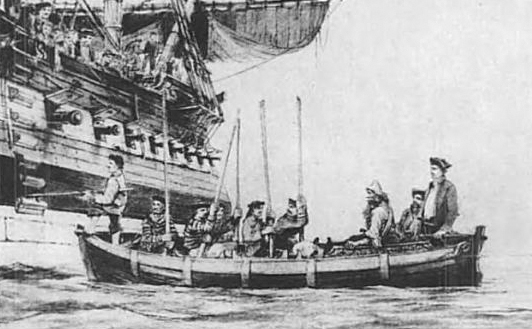 An illustration showing Alexander Selkirk being rowed to the rescue ship Duke on 2 February 1709, ending more than four years stranded alone on a Pacific island.