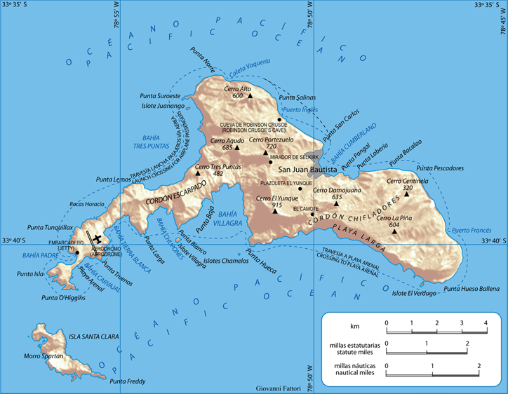 A map of Robinson Crusoe Island, formerly Más a Tierra the remote South Pacific island where Alexander Selkirk survived alone for over four years.