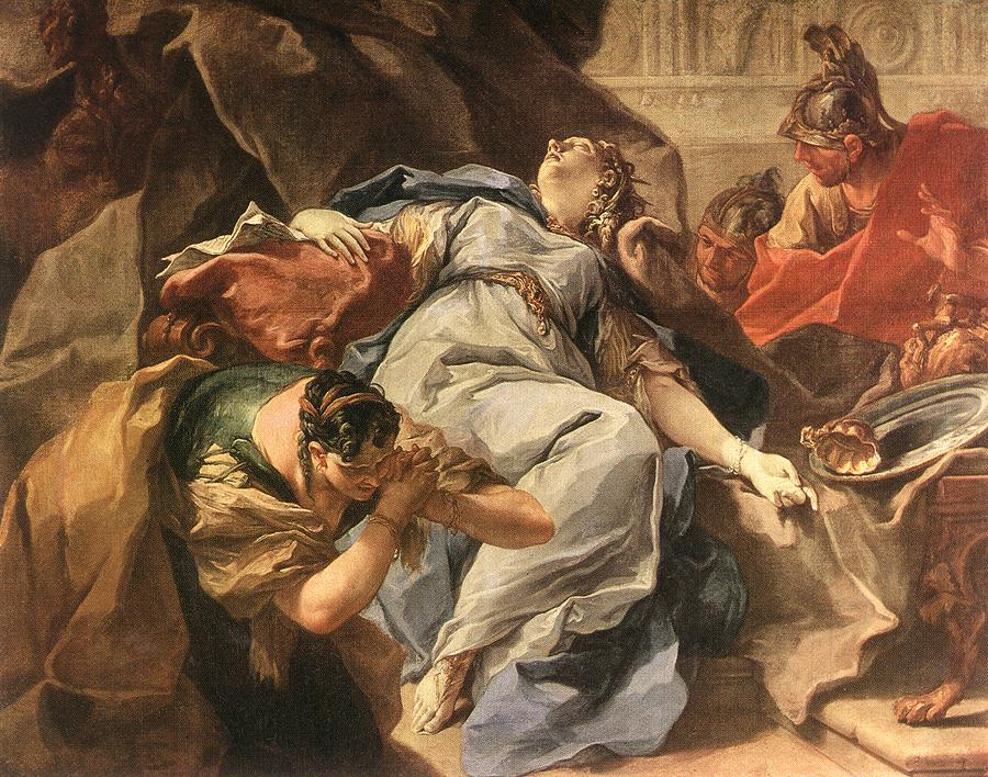 The Death of Sophonisba by Giambattista Pittoni, c. 1718. She collapses after drinking poison in 203 BC, choosing death over being paraded through Rome as a captive.