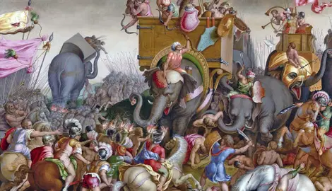 A painting depicting a Punic War battle with war elephants. After the great plains defeat in 203 BC, Sophonisba convinced Syphax to keep fighting Rome. He lost.