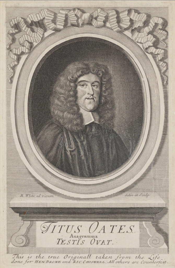 A 17th-century engraved portrait of Titus Oates, the man whose fabricated testimony during the Popish Plot sent innocent people to their deaths.